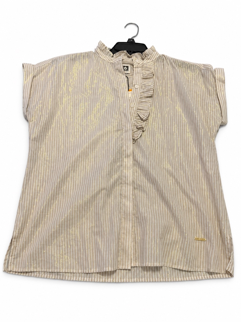 Anne Klein Cream Blouse with Gold metallic Pinstripes and Ruffle Placket